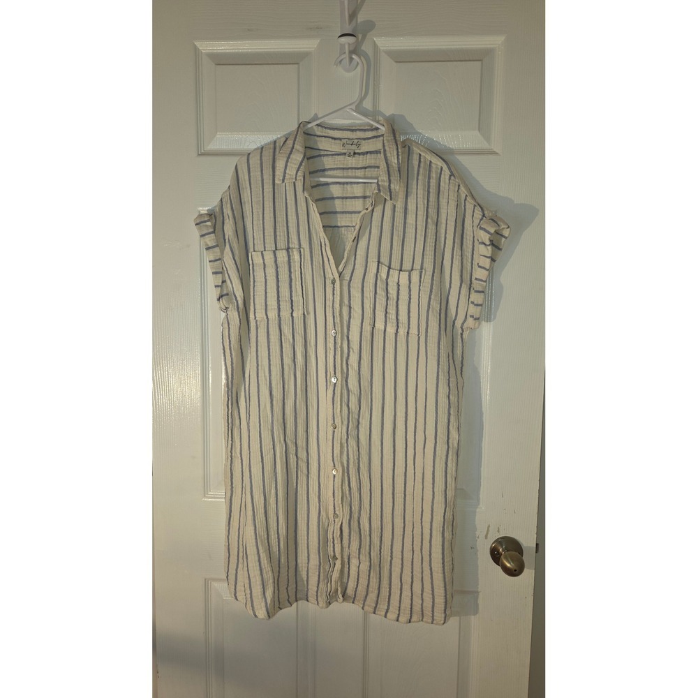 Wonderly Blue White Striped Gauze Button Down Shirt Dress XL Short Sleeve